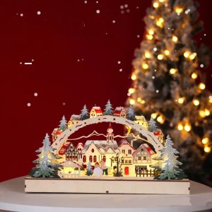 Miniaturen 2024 Kerst Houten LED Brug Licht Ornament Decoratie Huis Halfronde Decoratie Sfeer Licht