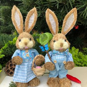 Miniatures 2 pièces Figurines de lapin en paille de Pâques ornement de lapin mignon pour la décoration de fête de Pâques maison lapin Couple artisanat accessoires Photo cadeau
