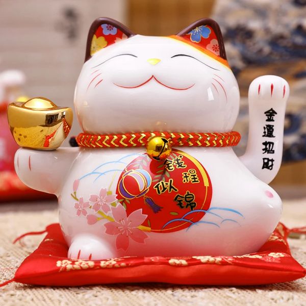 Miniatures 5 pouces en céramique chat de fortune agitant la main chat chanceux Plutus chat alimenté par batterie Feng Shui Maneki Neko meilleur cadeau décoration de la maison