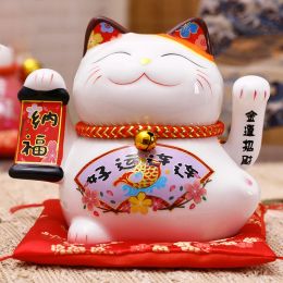 Miniaturen 5 inch Keramische Fortune Cat Zwaaiende Hand Plutus Kat Batterij Aangedreven Maneki Neko Beste Cadeau Woondecoratie Lucky Cat