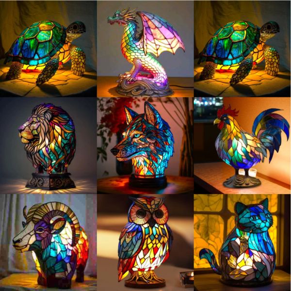 Lampe de table en forme d'animaux miniatures, lampe de chevet en résine, vitrail, licorne, sirène, tortue de mer, lion, dauphin, loup, dragon, hibou, série d'ornements pour la maison