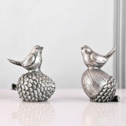 Miniaturen Archaiz Zilver Dennenappel Vogel Desktop Woninginrichting Display Showcase Etalagedecoratie Vogels Beeldje Ornament Cadeau Een paar