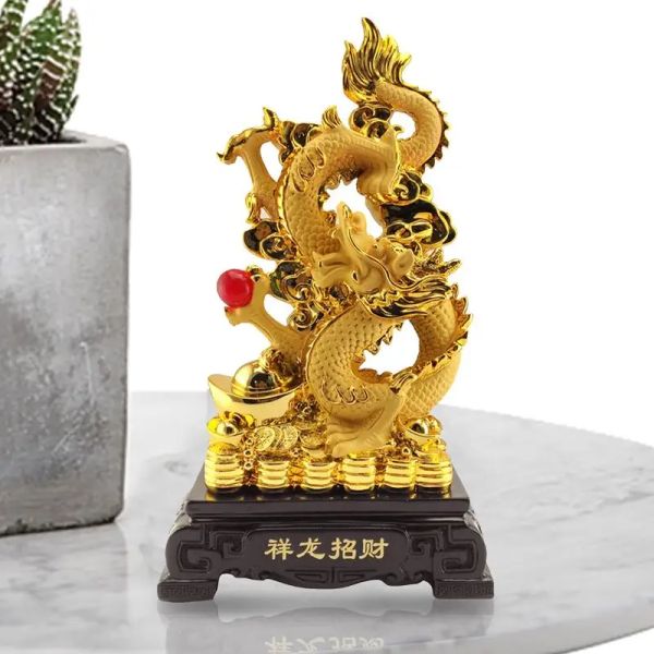 Miniatures chinois Feng Shui Golden Statue chinois Nouvel An Dragon Symbole de la fortune et de l'auspiosité Dragon Année Golden Résine