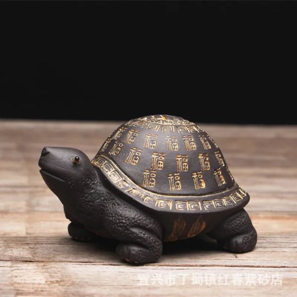 Miniatures Chinoiserie Artisanat Cadeau Céramique Naturelle Argile Pourpre Sculpture À La Main FU Bénédiction Argent Tortue Tortue Longévité Mascotte Décor