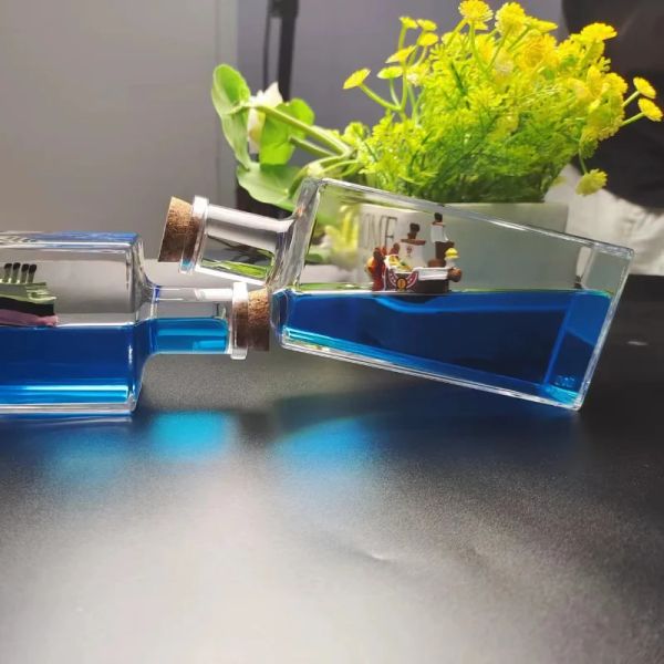 Miniaturas Botella de deriva creativa Luz líquida Barco flotante rectangular Escala de papel Artículos para el hogar Crucero fluido Joyería Adornos de escritorio