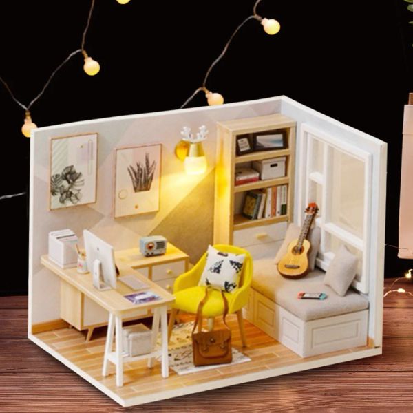 Miniatures DIY Doll House Game Kit de salle en bois jouet assemblage avec le kit de meubles miniatures LED Building Enfants Cadeaux adultes