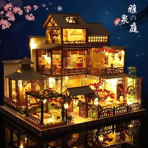 Miniaturas DIY Casa de muñecas de madera Arquitectura japonesa Casas de muñecas Miniaturas con muebles ensamblados decoración del hogar juguetes modelo en miniatura