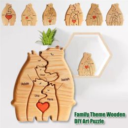 Puzzle miniature en bois avec nom personnalisé, ours, thème familial, Art, cœur, décorations de bureau, cadeau personnalisé pour la famille, DIY bricolage