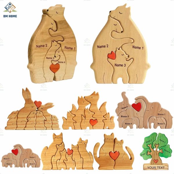 Miniaturas Grabado GRATUITO Custom Animal Family Wooden Regalo de Navidad Regalo de Navidad Elefante Elefante Lion Fox Escultura 210 Nombres Personalizado