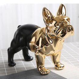 Statue de bouledogue en céramique plaquée or, miniature, artisanat, décoration de bureau, ornements, Sculpture animale abstraite, mobilier esthétique de salle