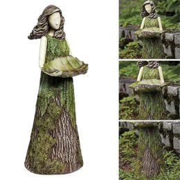 Statue de fée verte miniature, mangeoire à oiseaux, décoration en résine, Sculpture de fille de forêt, Figurines artisanales, décoration de jardin de pelouse extérieure