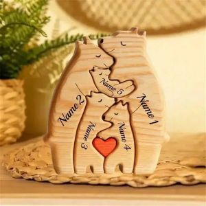 Miniaturen Gepersonaliseerde Beer Familie Thema Kunstpuzzel DIY Familienamen Houten Puzzel Desktop Ornament Home Deco Aangepaste kerstcadeau