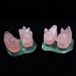 Miniatures rose rose jade artware love mandarin canard de bureau naturel ornement de bureau sculpté en cristal pierre de guérison avec base de stand
