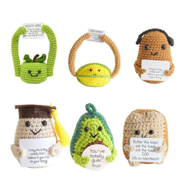 Miniatures Poupées tricotées positives avec carte positive Crochet Jouets de fruits pour les décorations de fête, Crochet de soutien émotionnel, Décor drôle