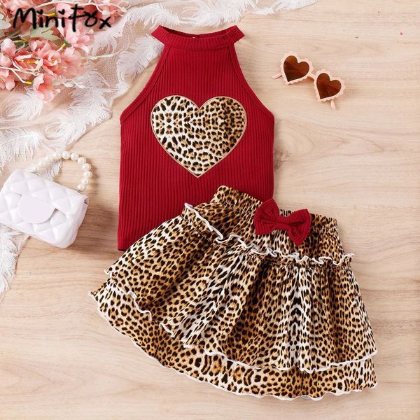 MINIFOX 2PCS ÉTÉS SUMBRES pour les filles Kids Heart Heart Graphic Halter Neck Top and Leopard Cake Jirts Childrens Clothing Girls Tenfit 240426