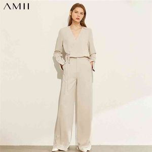 Minimalisme Automne Mode Femmes Ensemble Solide Vcou Bandage Lâche Blouse Hauts Taille Haute Pantalon Long Femme 12030227 210527