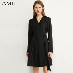 Minimalisme automne femmes robe tempérament col en v manches longues taille haute noir femme 12040737 210527