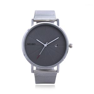 Montre-bracelet à Quartz pour hommes et femmes, minimaliste, sans chiffres, cadran rond, calendrier, bracelet en maille, luxe