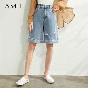 Minimalisme Printemps Été Causal Coton Femmes Denim Pantalon Mode Taille Haute Lâche Genou Longueur Femme Jeans Déchirés 12030185 210527