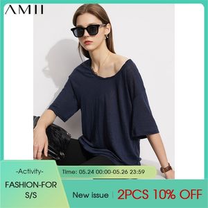 Minimalisme été femmes hauts casual 100% lin solide Oneck lâche t-shirt officiel dame chemise 12120243 210527