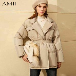 Minimalisme épais manteau d'hiver femmes mode OLstyle solide 90% blanc duvet de canard revers ceinture femmes 12040398 210527