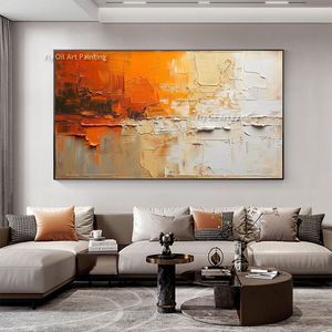 Peinture à huile abstraite minimaliste sur toile 100% artisanale orange blanc moderne blanc art mural orange et art de texturation noire pour la décoration intérieure