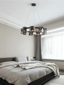 Minimalistische Kroonluchter Lampen Moderne Woon eetkamer High-end Lange Opknoping Nordic Amber Smoky Glass Ring Luxe slaapkamerlampjes