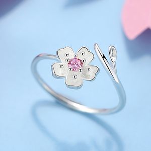 Minimalistische vingerring bloem index roze zirkoon dames japanse en koreaanse creatieve studenten ring temperament romantische kersenbloesems openen