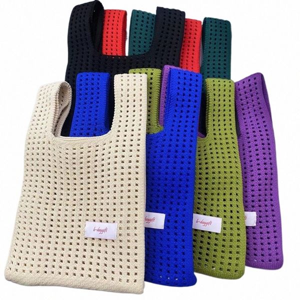 Bolso de punto minimalista Bolso de mujer Verano Hollow Out Crochet Color sólido Hecho a mano Nudo de punto Bolsa de muñeca Tienda Tote V6Fy #