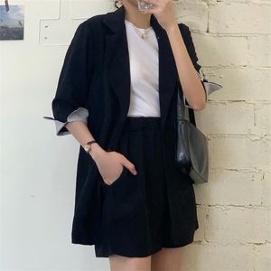 Minimalistische losse OL Chic All Match Office Lady Blazers + Sexy Hoge Taille Wide Been Shorts Suits Vrouwen 2 Stuk Sets 210421