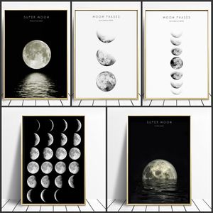 Minimalista Luna Wall Art Moon Fase de lona Pósteres e impresiones Pintura abstracta Fotos de decoración nórdica Decoración de la casa moderna