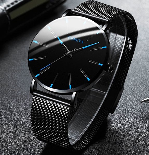 Relojes minimalistas ultrafinos a la moda para hombre, relojes sencillos de negocios con correa de malla de acero inoxidable, reloj de cuarzo, reloj masculino