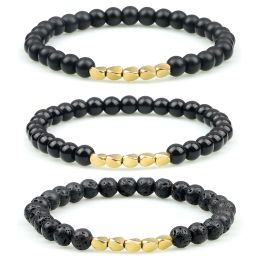 Bracelet minimaliste en perles de pierre naturelle, cuivre irrégulier 6MM, lave noire, Bracelet bouddhiste tibétain, bijoux Hombre pour cadeaux