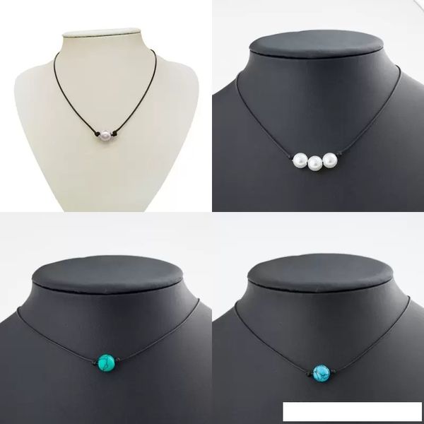 Collier de tour de cou de perles minimalistes Black Mandmade Leather Corde Bleu Turquoise Pendant Colliers pour les femmes Imitation Natural Pearl Jewelry