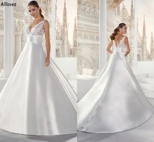 Robes de mariée en satin simples et minimalistes, ligne A, col en V, robes de mariée sexy avec train long, grande taille, dos bas, robes de soirée de maternité, YD