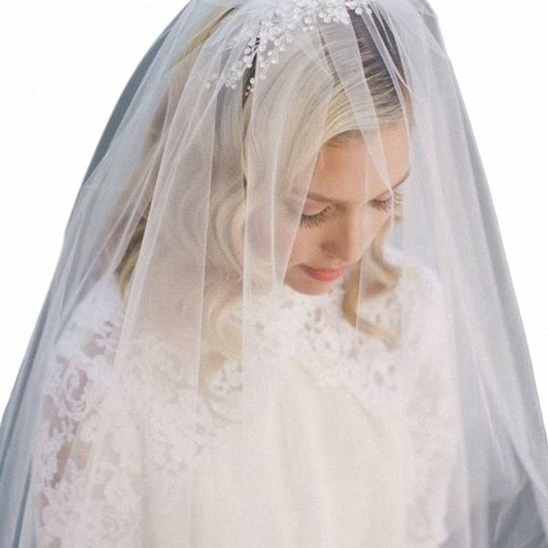 Style simple minimaliste 2 niveaux double couche femmes maille longueur du bout des doigts voile de mariage plaine drapé plissé voile de mariée avec 03Uy #