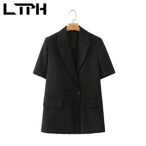 style minimaliste à manches courtes femmes blazer mi-longueur Casual Blazers et Vestes Poches Lady Costume Manteau Printemps 210427