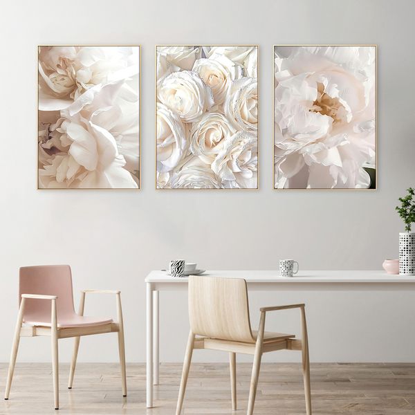 Arte de pared minimalista póster de lienzo de rosa blanco boho decoración de la pared de flores pintura para mujeres decoración de sala de estar de dormitorio