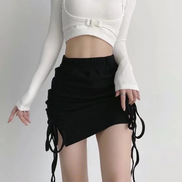 Miniskirt Women Kilt Diseñador Falda Ropa para mujer Vestido negro Mujer 2023 Cintura alta Sexy Doble Double Drawstring Slit Wrapped Falda de cadera Femenina Femenina