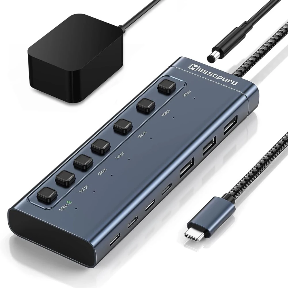 Minisopuru Powered USB Hub 7 i 1 Typ C till flera USB -dataportadapter med individuell på/av för iPhone iPad USB C -nav