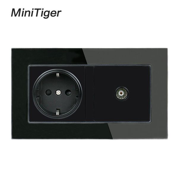 Minitiger White White Luxury Glass Panel 2 Gang Wall Power 16a Eu Estándar Electrical con Jack de TV femenino doble salida 146 mm * 86 mm