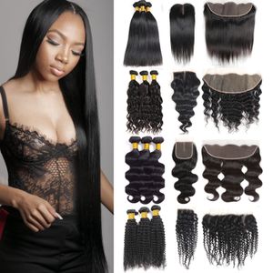 Mink Brazilian Virgin Deep Wave Hair Bundels met Sluiting Onverwerkt Straight Water Body Kinky Krullend Menselijk Haar Bundels met Kant Frontaal