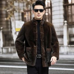 Manteau de vison pour hommes, Imitation velours doré, fourrure de mouton intégrée, styliste d'hiver, Style chinois Tang R3D3
