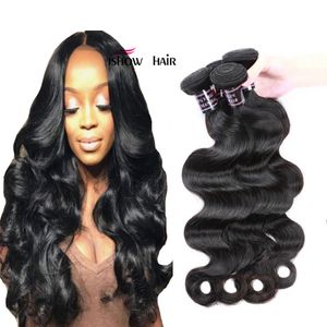 Ishow Mink Paquetes de cabello humano Brasileño Onda del cuerpo Trama Venta al por mayor Extensiones de cabello de Malasia peruana para mujeres Todas las edades 8-28 pulgadas Jet Black