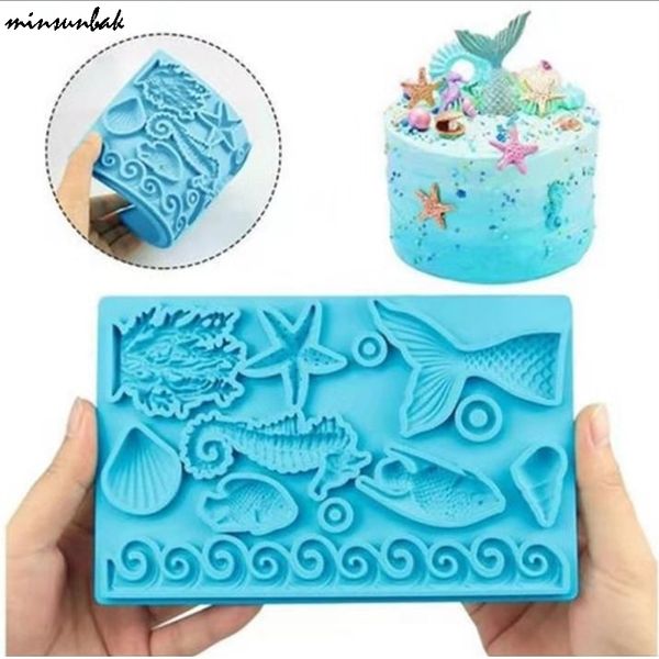 Molde de silicona de cola de sirena minsunbak, concha de Coral, textura de estrella de mar, Fondant de Chocolate, decoración de pastel de fiesta de boda 210721