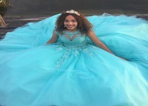 Mint Blue Lace Tulle Quinceanera Robes Sheer Necy Cap Sleeves Appliques Perle Per Back Back Corset Lace Up Robes de bal Sweet 163808318