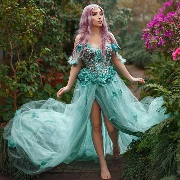 Mint Blue Princess vestidos de noche 2023 fuera del hombro con cordones hecho a mano Rose Flower Fairy tul vestido de fiesta feestjurken