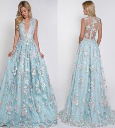 Menthe bleu sexy 3d robes de bal appliqués en floral long long vneck robe de fête du sol illusion en tulle robes de soirée formelles6607259