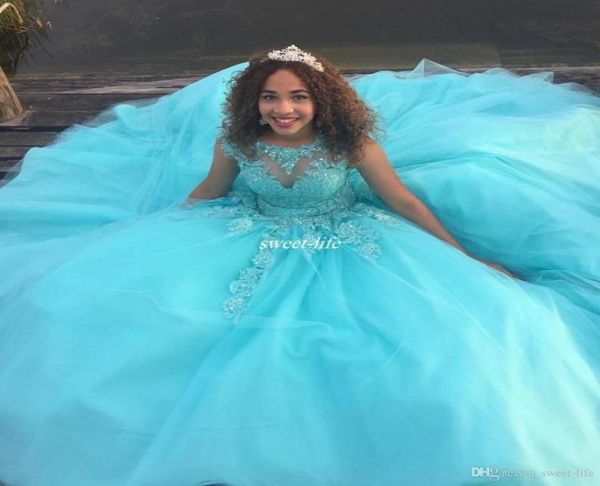 Green Ball Robes Girls Quinceanera Robes Open arrière CORSET LACE SQUINS CAP TULLE 2019 Plus taille Sweet 16 Debutante Dress4464260