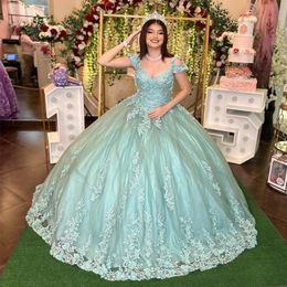 Robe De bal vert menthe Quinceanera, épaules dénudées, avec des Appliques en dentelle, fleurs 3D, perles, Corset en tulle, robes De 15 XV Anos